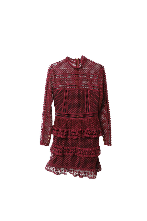 Women's Self-Portrait High Neck Lace Mini Dress in Burgundy Polyester