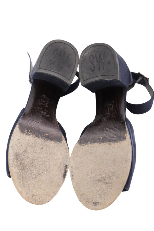 Women's Stuart Weitzman Soho Gal Block Sandals in Navy Blue Suede