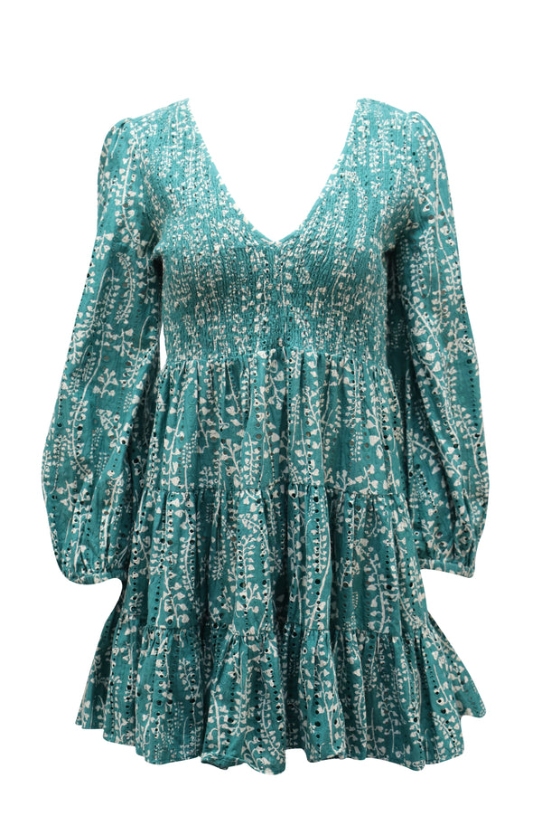 Women's Rixo Sasha Long Sleeve Mini Dress in Green Cotton