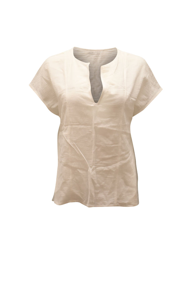 Women's Vince Short-Sleeve Split-Neck Blouse in White Cotton