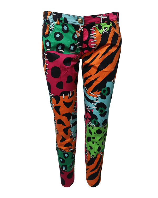 Women's Moschino Illustrated Patchwork Printed Trousers in Multicolor Print Cotton