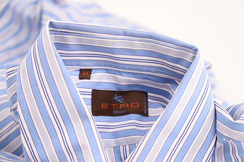 Men's Etro Striped Print Button Down Shirt in Blue Cotton