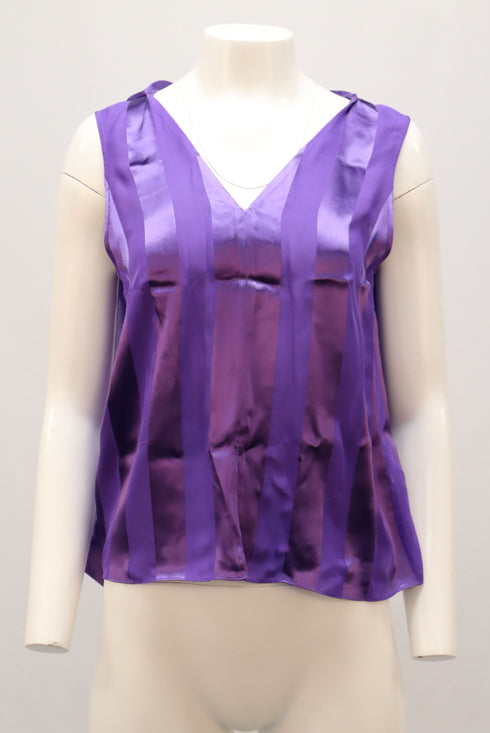 Women's Alice + Olivia Gwenda Sleeveless Paneled Tie-Neck Tunic Blouse in Purple Silk