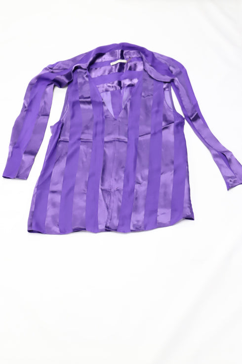 Women's Alice + Olivia Gwenda Sleeveless Paneled Tie-Neck Tunic Blouse in Purple Silk