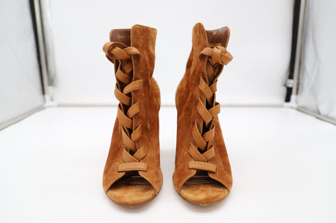 Women's Gianvito Rossi Brooklyn Peep-Toe Ankle Boots in Brown Suede