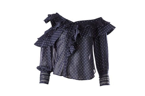 Women's Self-Portrait Plumetis Frilled Top in Blue Polyester