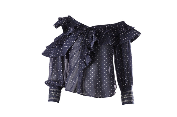 Women's Self-Portrait Plumetis Frilled Top in Blue Polyester