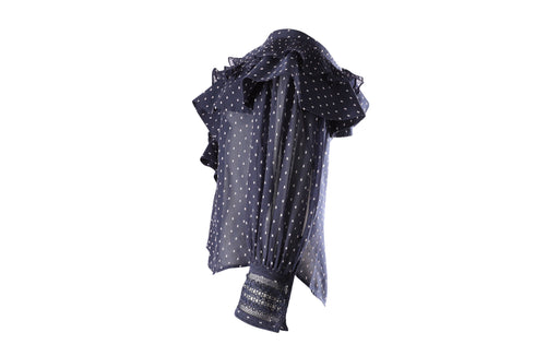 Women's Self-Portrait Plumetis Frilled Top in Blue Polyester