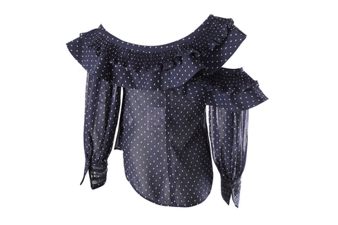 Women's Self-Portrait Plumetis Frilled Top in Blue Polyester