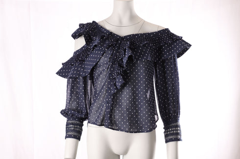 Women's Self-Portrait Plumetis Frilled Top in Blue Polyester