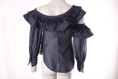 Women's Self-Portrait Plumetis Frilled Top in Blue Polyester