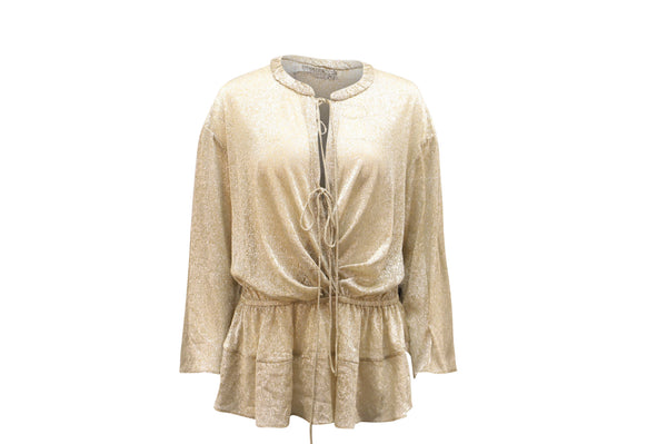 Women's Iro Spacious Tie-Front Metallic Long-Sleeve Top in Gold Polyester