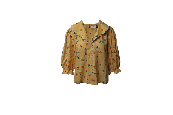 Women's Rixo Gingham Collared Blouse with Puff Sleeves in Yellow Cotton