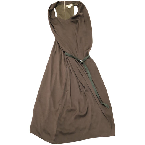 Women's Helmut Lang Asymmetric Belted Crepe Dress in Brown Polyester