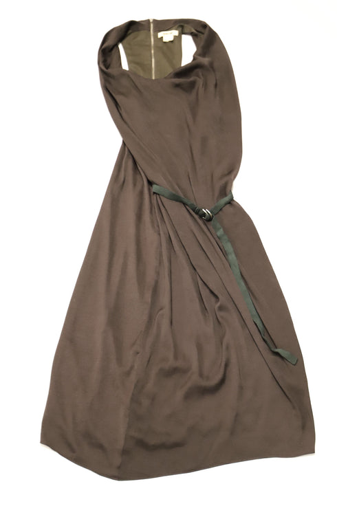 Women's Helmut Lang Asymmetric Belted Crepe Dress in Brown Polyester