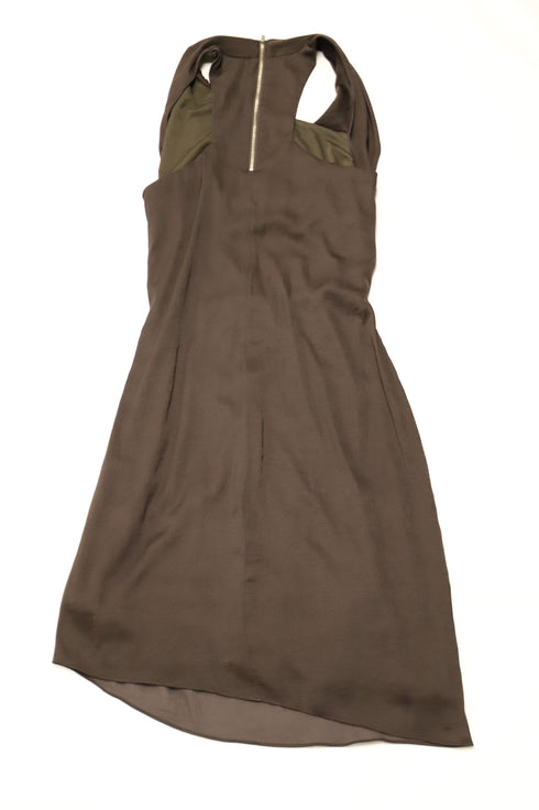 Women's Helmut Lang Asymmetric Belted Crepe Dress in Brown Polyester
