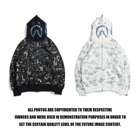 Bathing Ape Hoodie Starry Sky Sweater Black and White Starry Sky Blue Shark Hat Printed Casual Hooded Sweater