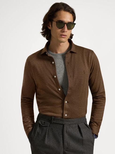 RALPH LAUREN Houndstooth Jersey Spread-Collar Shirt Nutmeg Brown