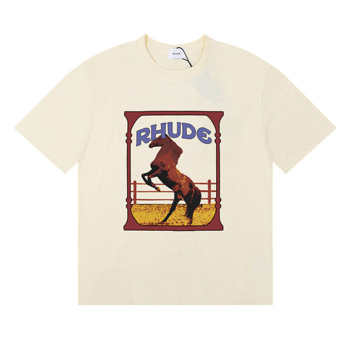 Rhude T-shirts Horse Frame Printing Cotton Casual Short Sleeve Men and Women