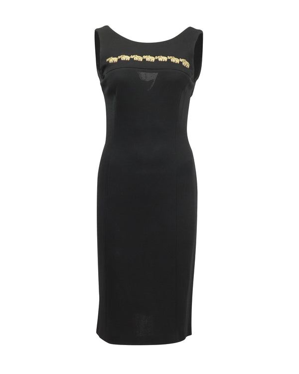 Women's Escada by Margaretha Ley Sleeveless Elephant Embroidered Dress in Black Rayon