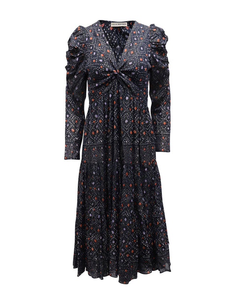 Women's Ulla Johnson Miya Printed Dress with Twist Front Design in Navy Blue Viscose