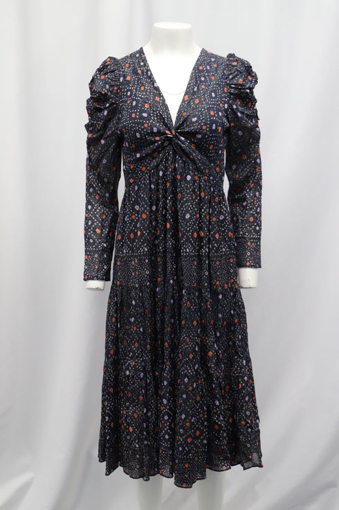Women's Ulla Johnson Miya Printed Dress with Twist Front Design in Navy Blue Viscose