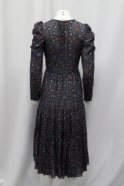 Women's Ulla Johnson Miya Printed Dress with Twist Front Design in Navy Blue Viscose