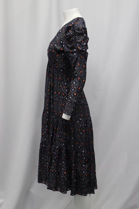 Women's Ulla Johnson Miya Printed Dress with Twist Front Design in Navy Blue Viscose