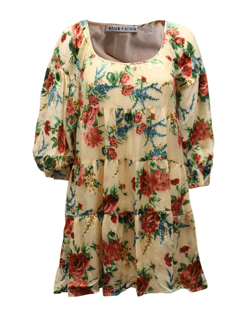 Women's Alice + Olivia Floral Puff Sleeve Dress in Beige Viscose