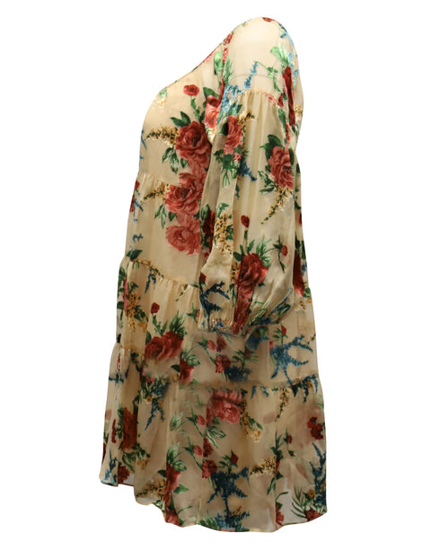 Women's Alice + Olivia Floral Puff Sleeve Dress in Beige Viscose