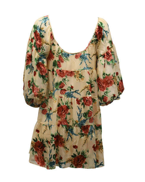 Women's Alice + Olivia Floral Puff Sleeve Dress in Beige Viscose