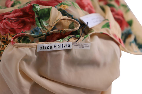 Women's Alice + Olivia Floral Puff Sleeve Dress in Beige Viscose