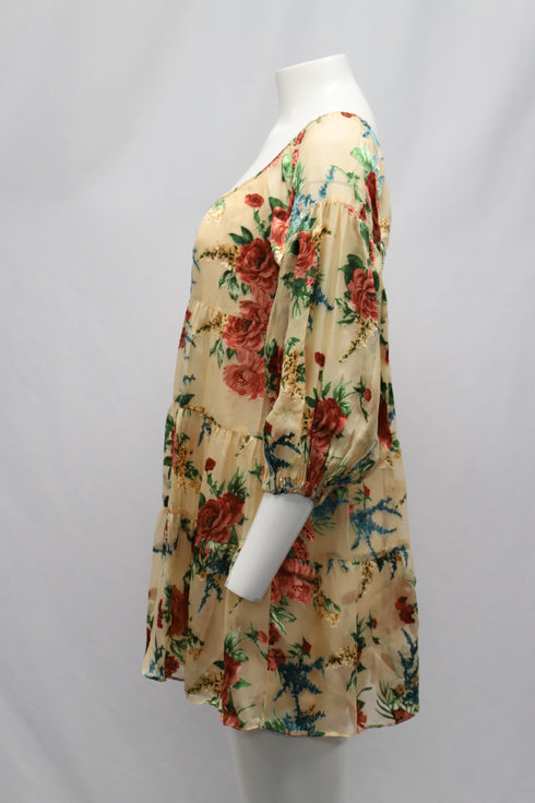 Women's Alice + Olivia Floral Puff Sleeve Dress in Beige Viscose
