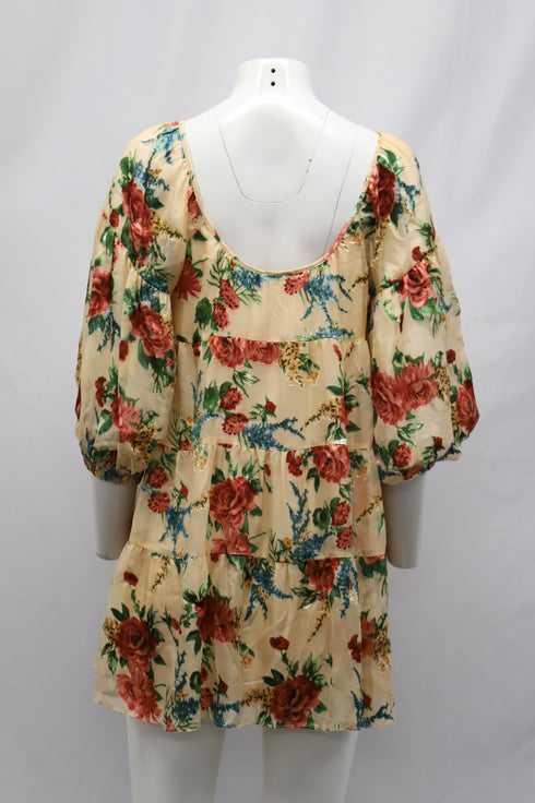 Women's Alice + Olivia Floral Puff Sleeve Dress in Beige Viscose