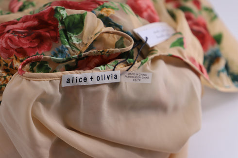 Women's Alice + Olivia Floral Puff Sleeve Dress in Beige Viscose