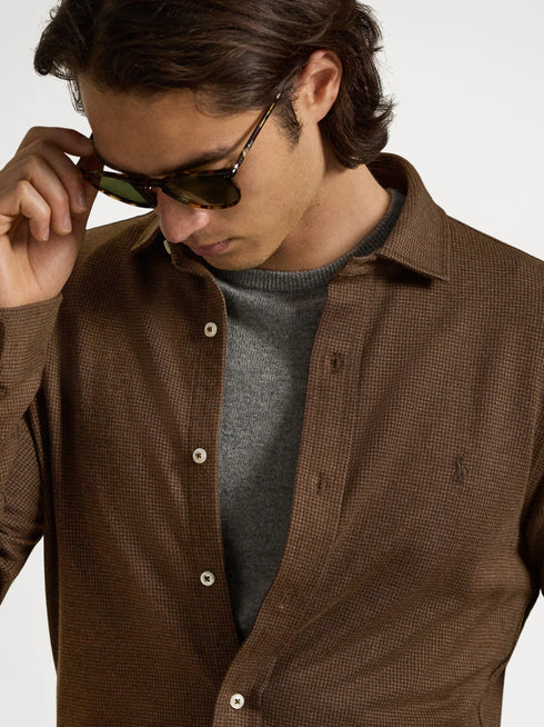 RALPH LAUREN Houndstooth Jersey Spread-Collar Shirt Nutmeg Brown