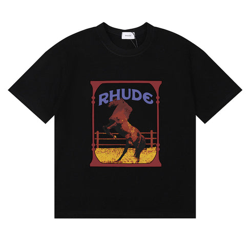 Rhude T-shirts Horse Frame Printing Cotton Casual Short Sleeve Men and Women