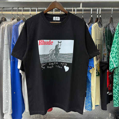 Rhude T-shirts Pentium Horse Printing Cotton Casual Short Sleeve Men and Women