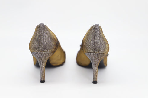 Women's Stuart Weitzman Peep Toe Bow Detail Heels in Silver Polyester