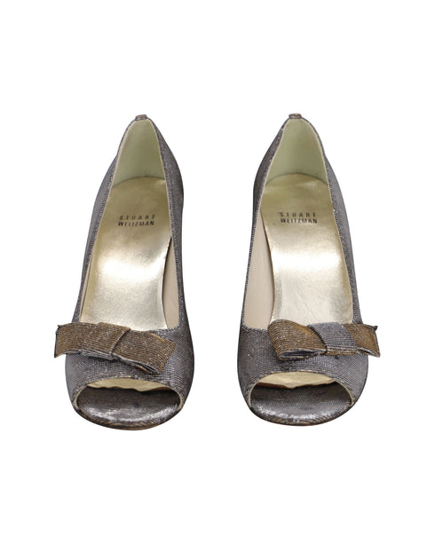 Women's Stuart Weitzman Peep Toe Bow Detail Heels in Silver Polyester