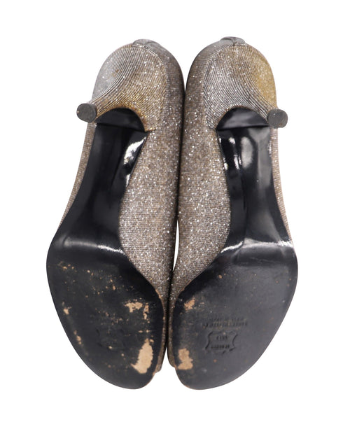 Women's Stuart Weitzman Peep Toe Bow Detail Heels in Silver Polyester