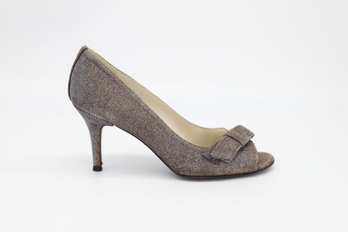 Women's Stuart Weitzman Peep Toe Bow Detail Heels in Silver Polyester