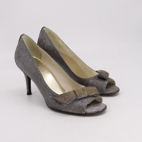 Women's Stuart Weitzman Peep Toe Bow Detail Heels in Silver Polyester