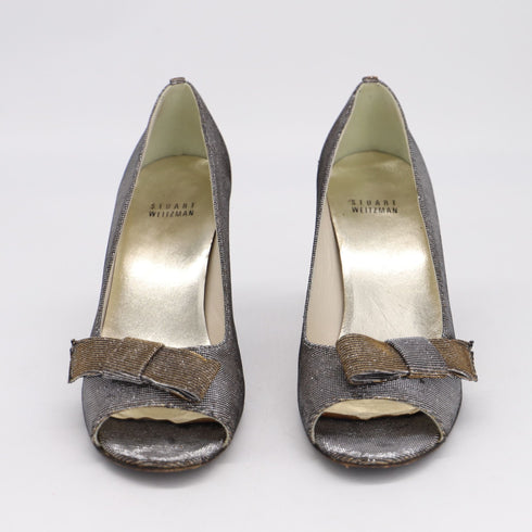 Women's Stuart Weitzman Peep Toe Bow Detail Heels in Silver Polyester