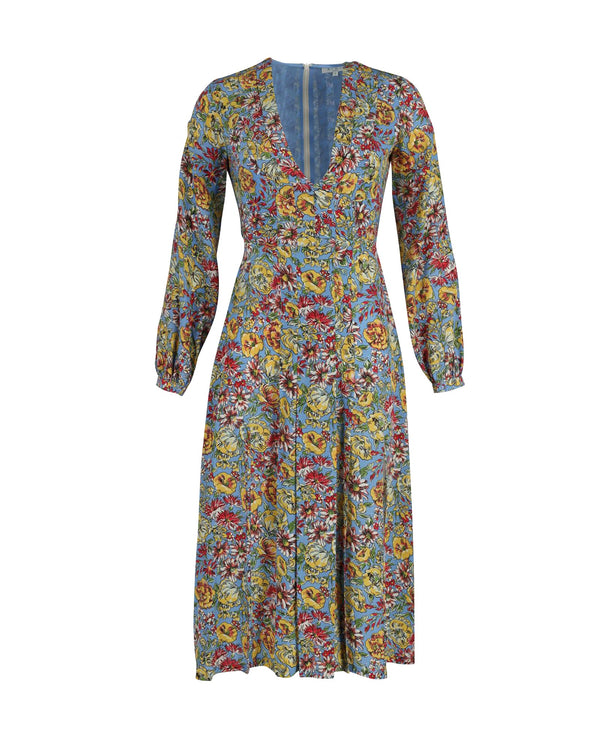 Women's Rixo V-Neck Long Sleeve Midi Dress in Floral Print Silk