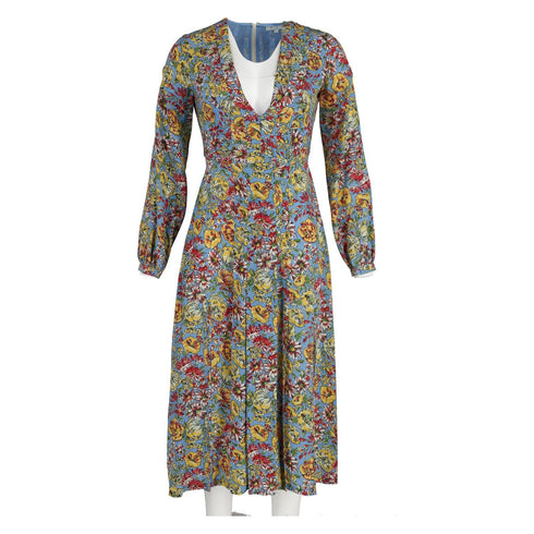 Women's Rixo V-Neck Long Sleeve Midi Dress in Floral Print Silk