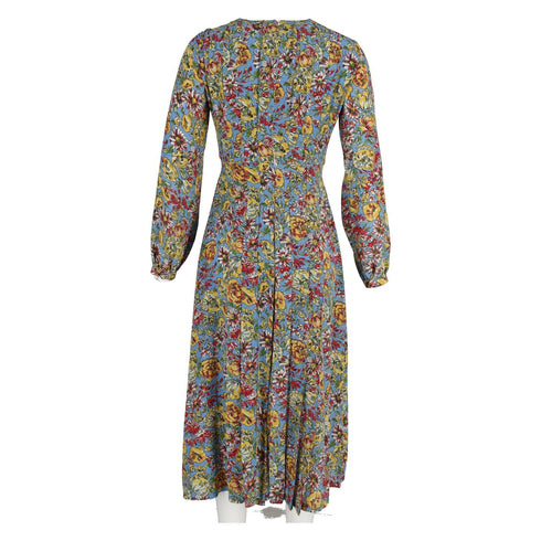 Women's Rixo V-Neck Long Sleeve Midi Dress in Floral Print Silk