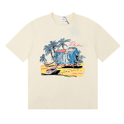 Rhude T-shirts Beach Coconut House Printed Cotton Casual Crew Neck Short Sleeve Men and Women