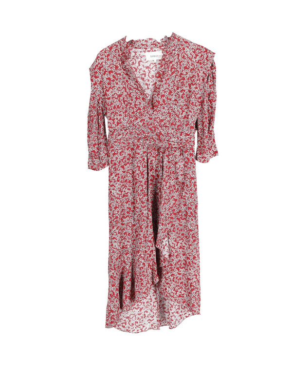 Women's Ba&sh V-Neck Ruffled Asymmetric Hem Midi Dress in Red Viscose