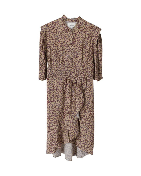 Women's Ba&Sh Ruffled Midi Dress in Beige Print Viscose